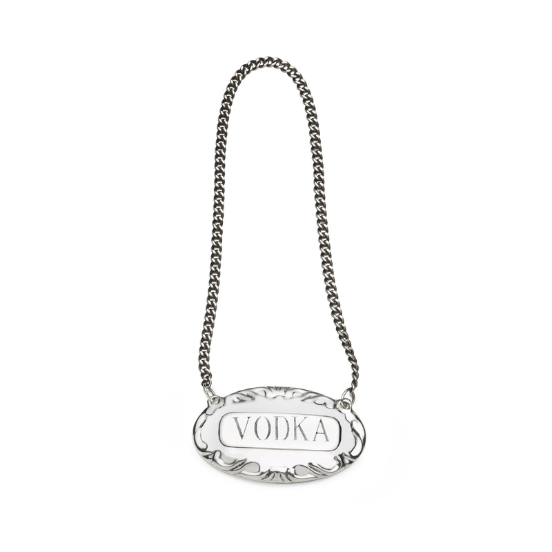 Sterling silver vodka pendant necklace with oval scroll tag and chain