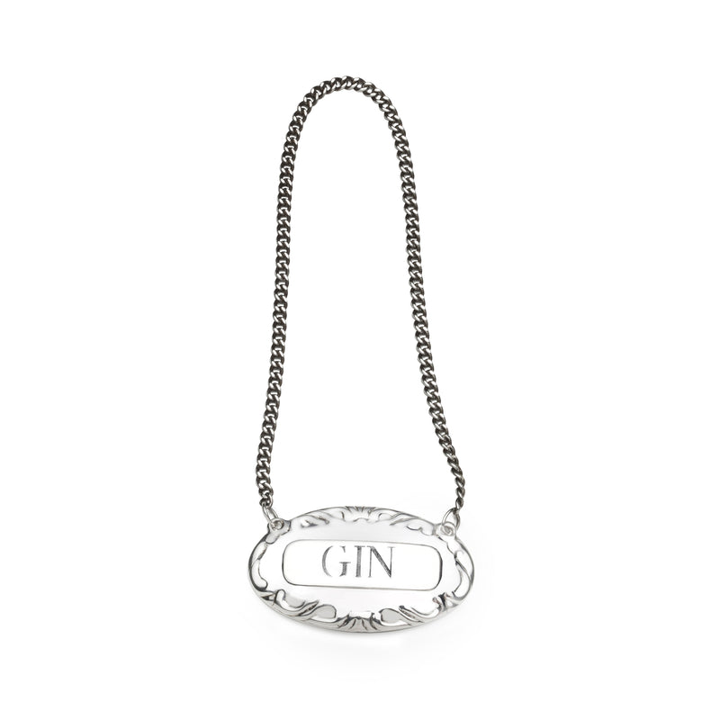 Sterling silver gin liquor label tag with ornate frame and chain