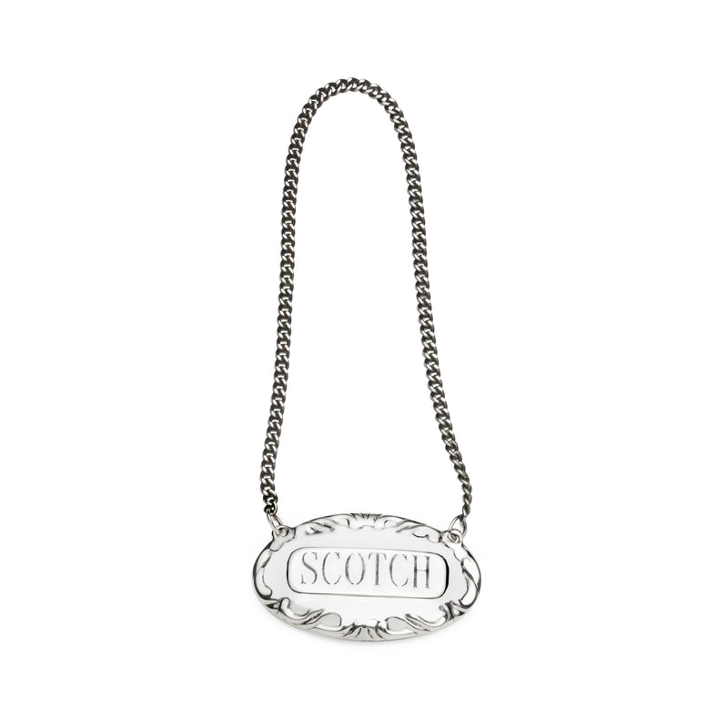 Empire sterling silver liquor label necklace with oval pendant engraved “SCOTCH”