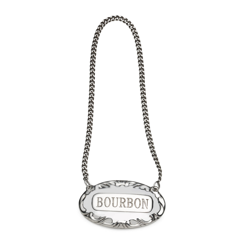 Sterling silver bourbon label pendant necklace with oval “BOURBON” engraving
