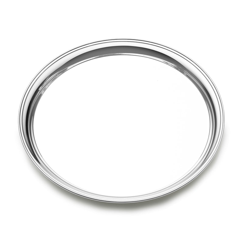 Round sterling silver presentation tray with polished raised rim