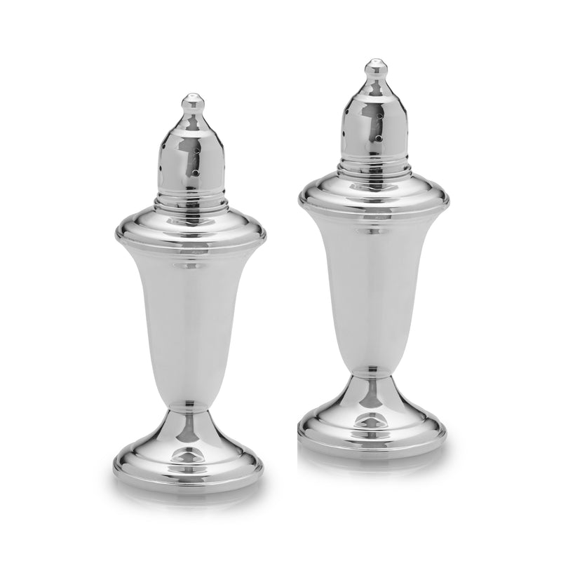Sterling silver salt and pepper shaker set, wide-top lids, polished metal body