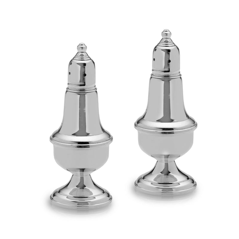 Sterling silver salt and pepper shaker set with domed caps and wide bases