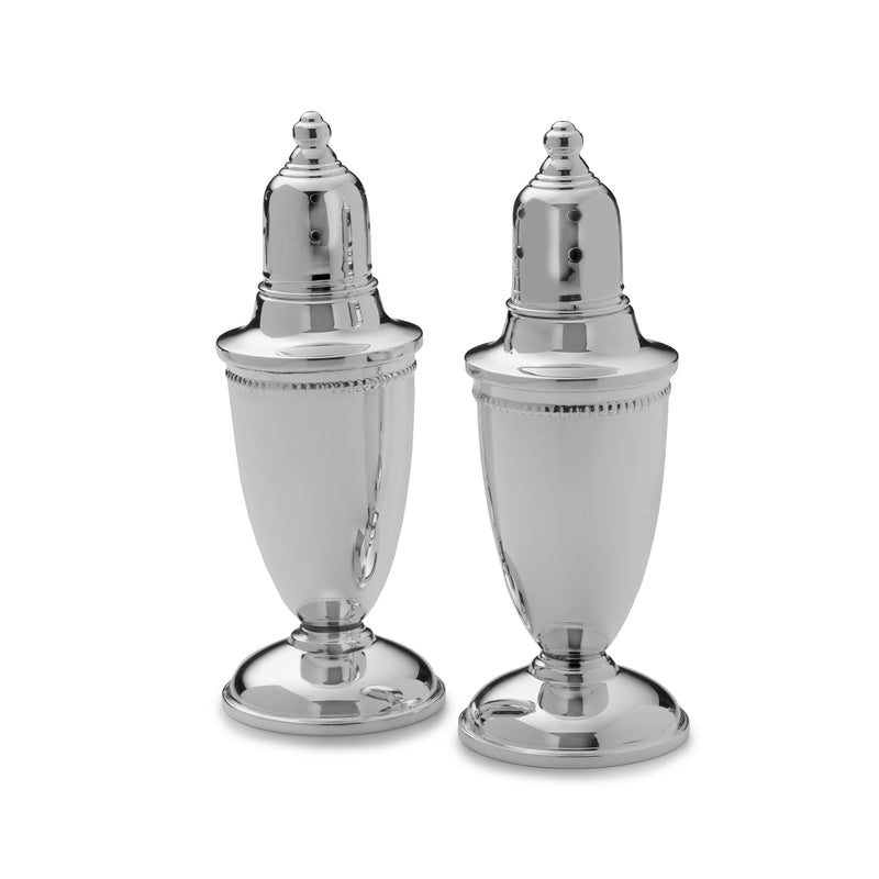 Sterling silver beaded salt and pepper shaker set with capped tops
