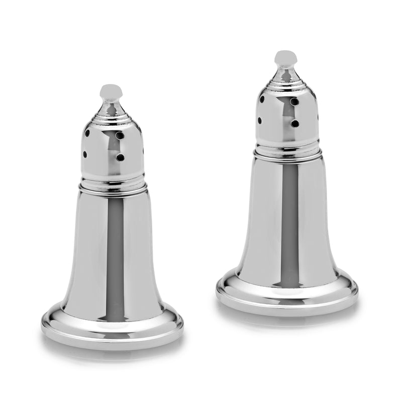 Sterling silver salt and pepper shakers with flat bases and vented tops