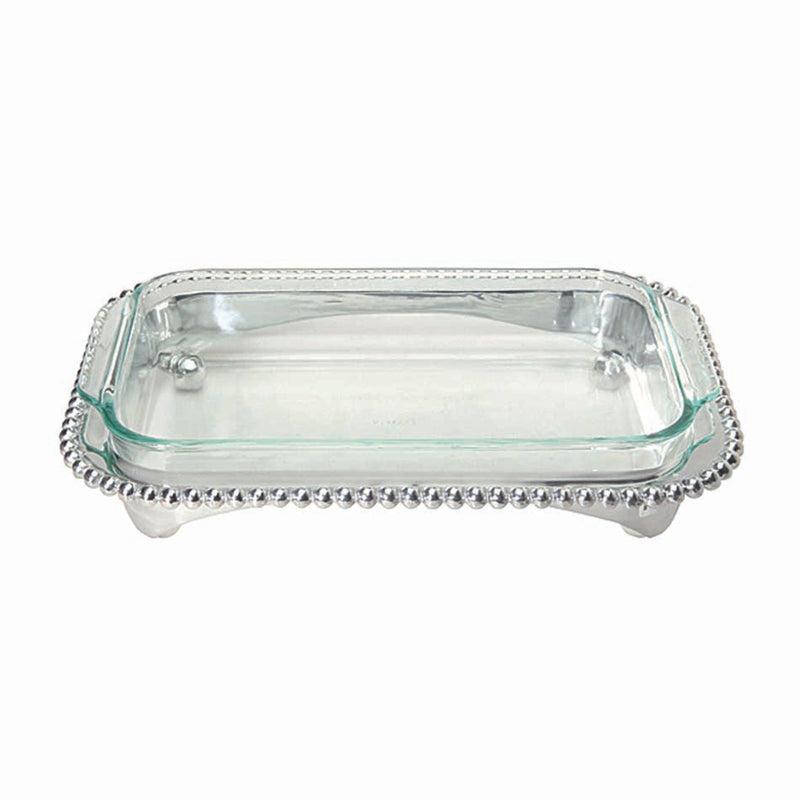 Pearled oblong casserole caddy with clear glass insert and beaded silver-tone rim