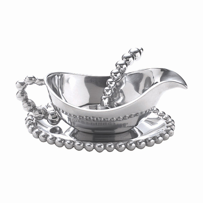 Pearled gravy boat with beaded handle and rim, silver-tone
