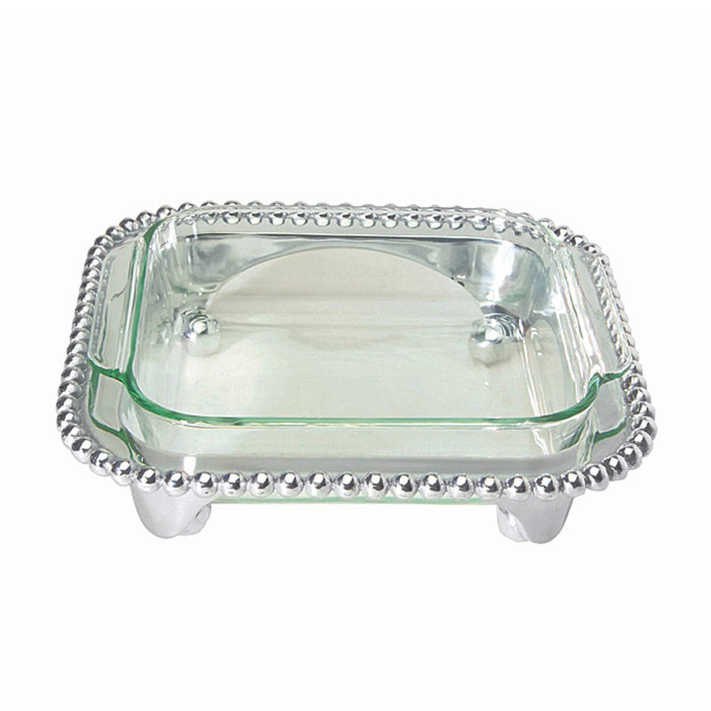 Pearled square casserole caddy with clear glass tray and silver beaded edge