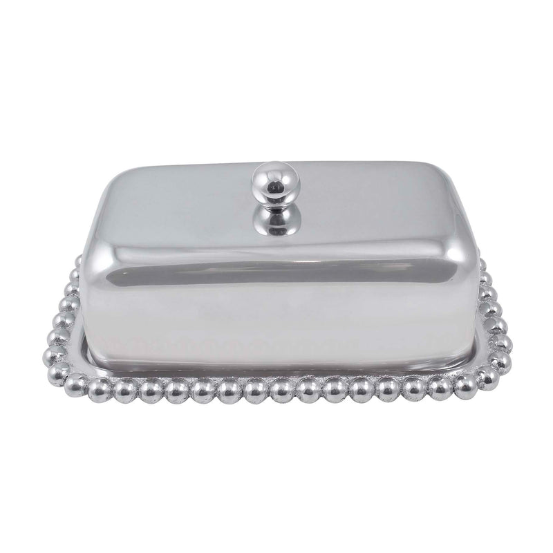 Silver-tone lidded butter dish with pearled beaded rim and round knob