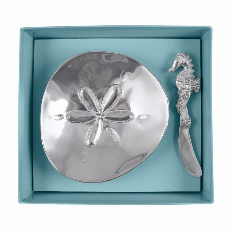 Sand dollar dish set with round silver-tone dish and matching seahorse-shaped spoon