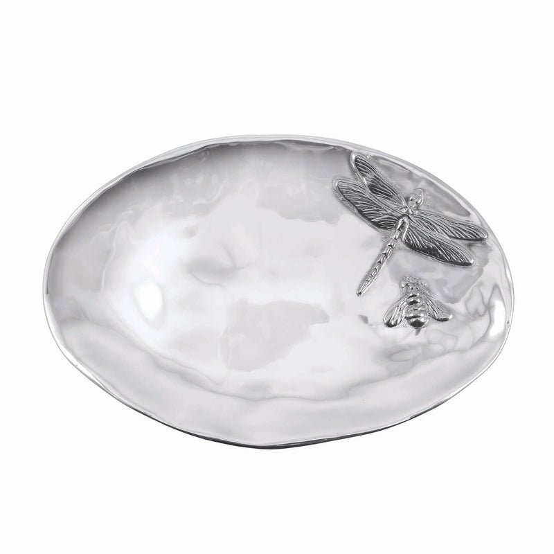 Oval serving platter with hammered silver finish, dragonfly and bee relief on edge