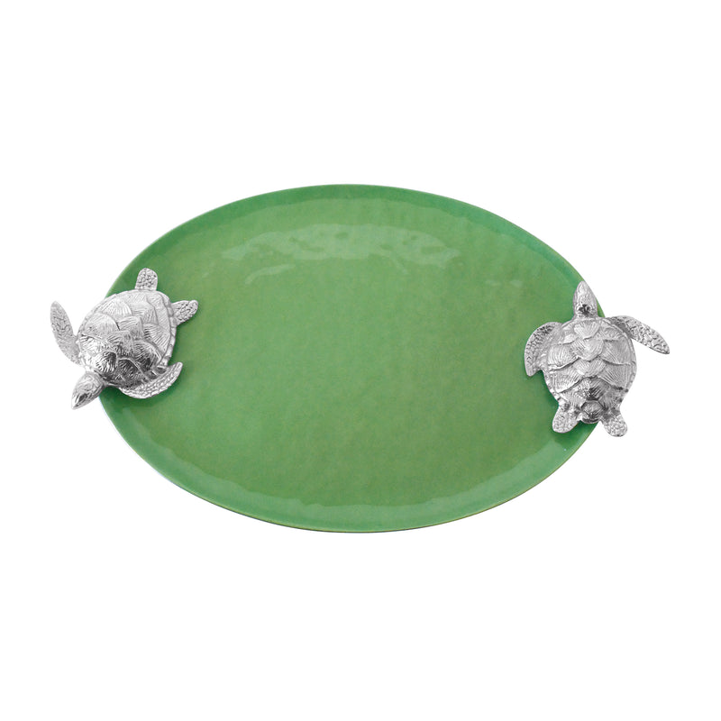 Green enamel serving tray with sea turtle handles