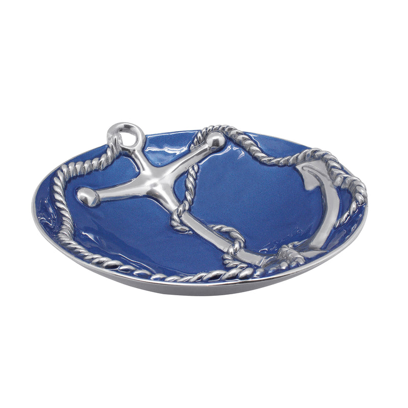 Large cobalt blue enamel bowl with silver anchor and rope border