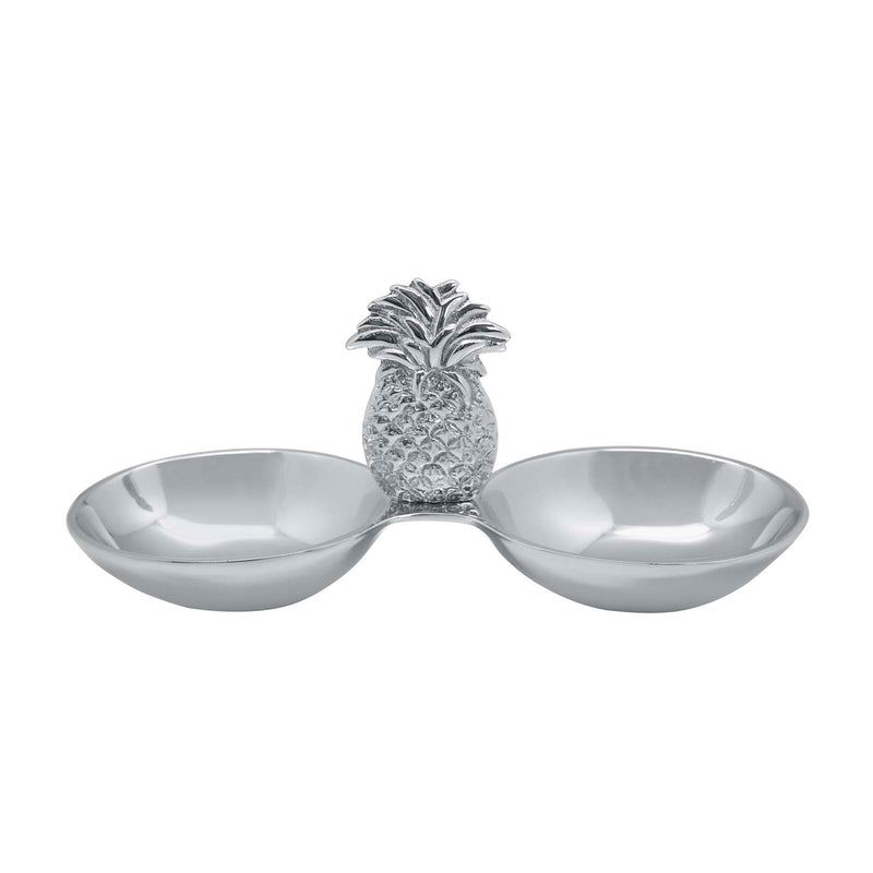Double pineapple nut dish with two shallow bowls, metallic silver finish.