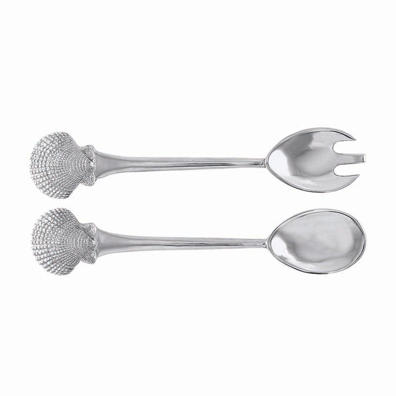 Mariposa scallop shell salad servers in polished silver with shell-shaped spoons