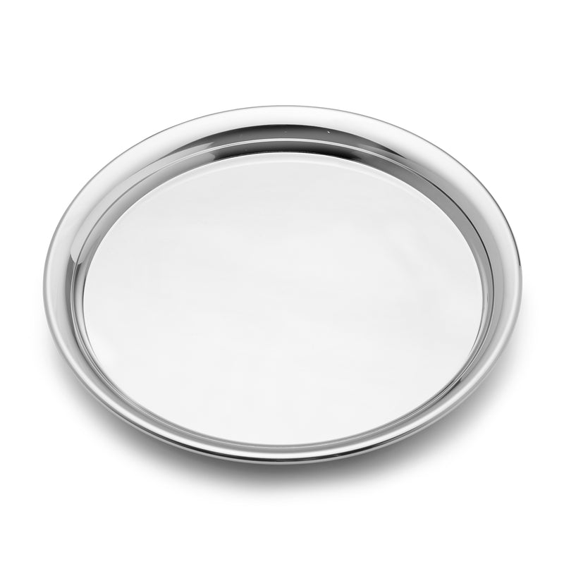 Round pewter presentation tray with raised outer rim