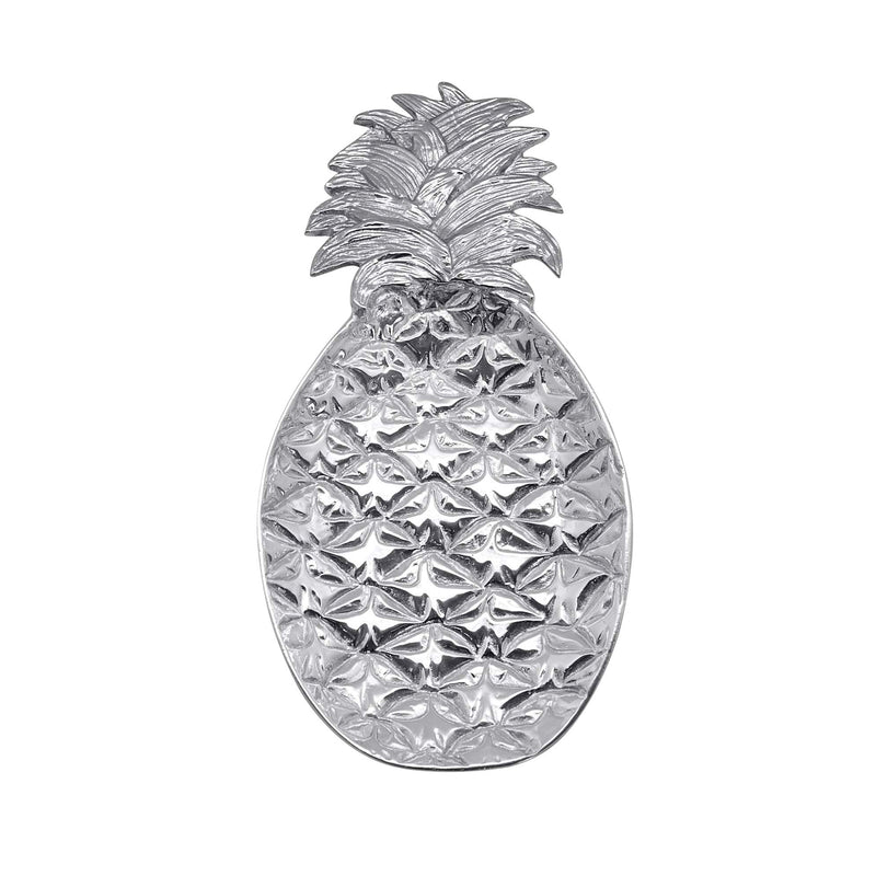 Large silver pineapple platter with raised leaf top and textured surface