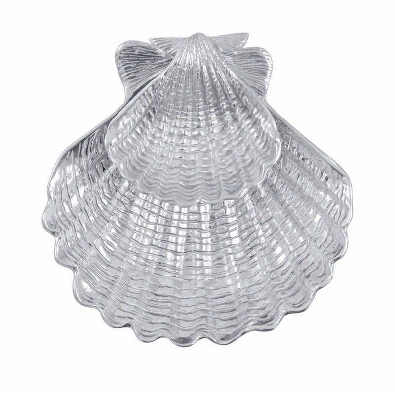 Silver scallop shell chip and dip serving dish with ridged texture