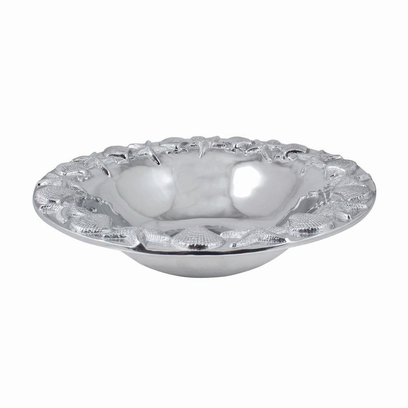 Sea border serving bowl with scalloped rim, shiny silver-tone ceramic