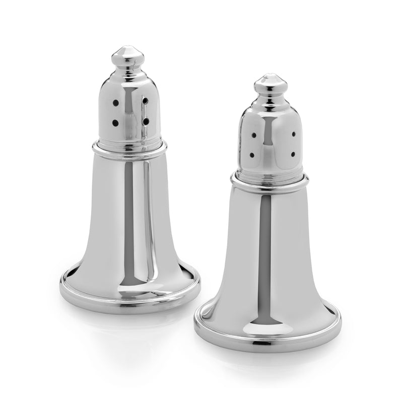 Silver-toned salt and pepper shaker set with perforated bodies and domed tops
