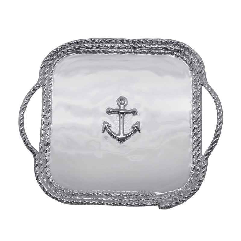 Medium anchor relief rope platter with two rope handles, silver-toned square tray