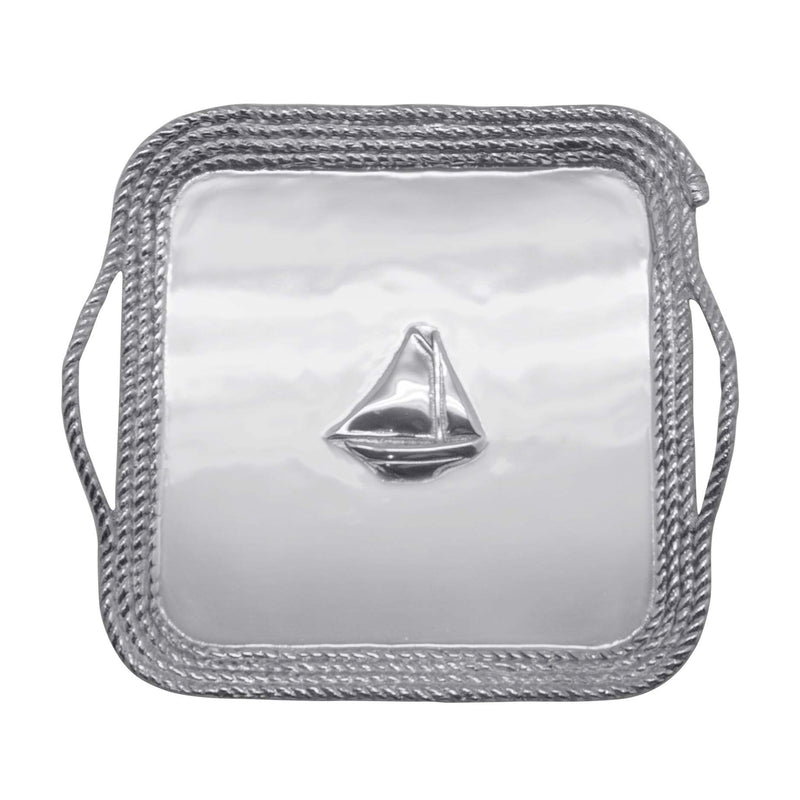 Large square rope-border platter with sailboat relief centerpiece, silver-toned