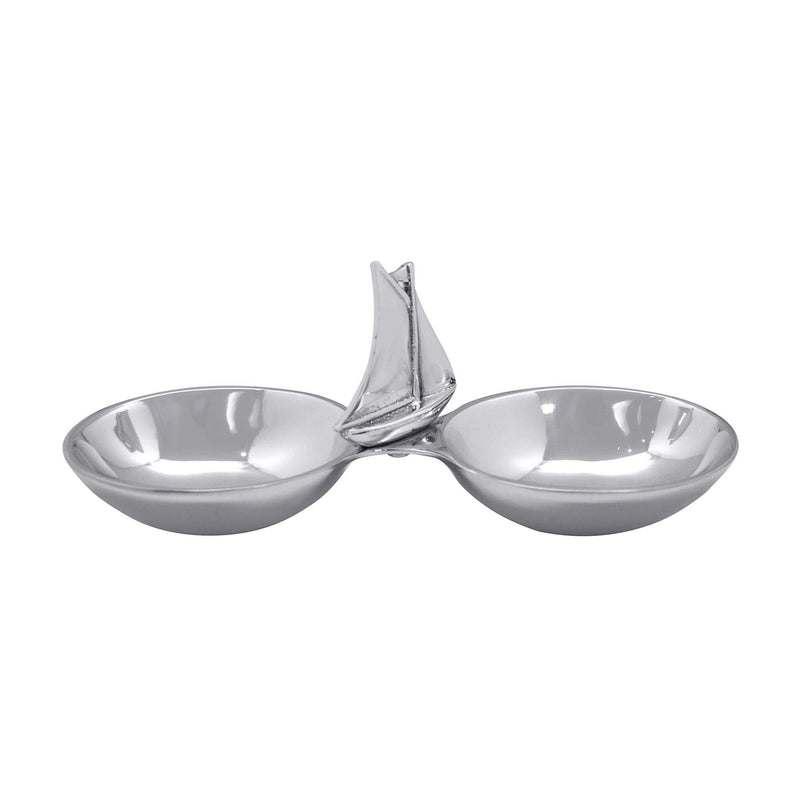 Silver double nut dish with sailboat-shaped center