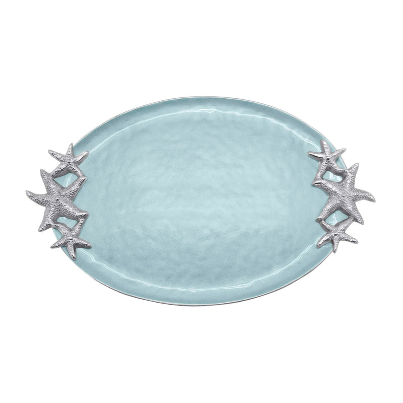 Mariposa aqua enamel tray with four starfish handles, oval