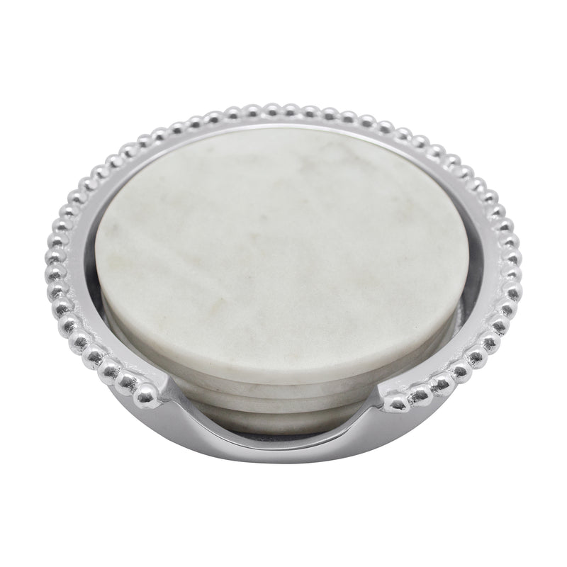 Beaded-edge marble coaster set with round cream coasters and silver-tone rim