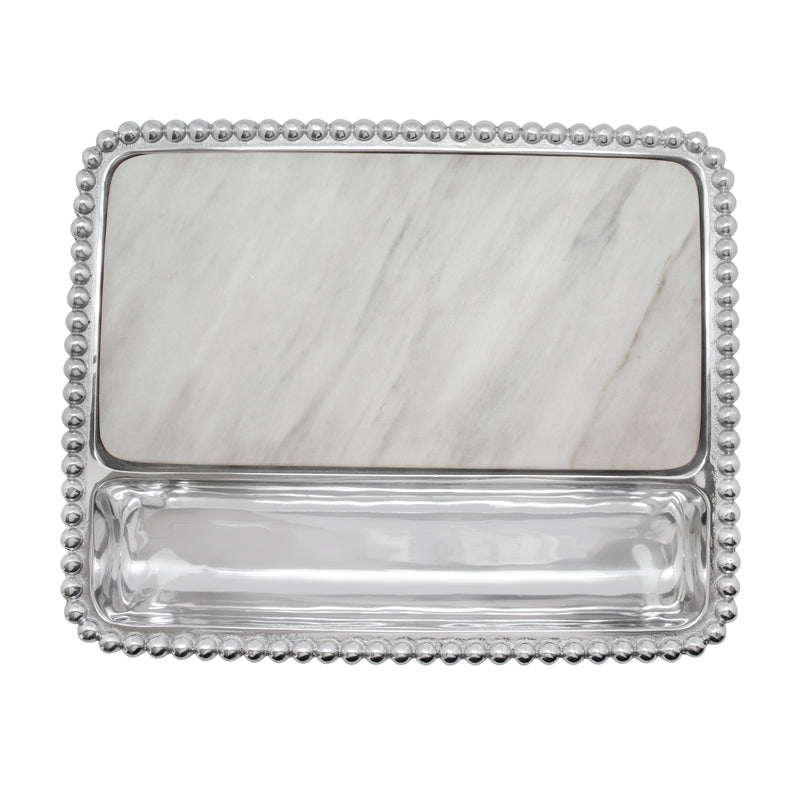 Pearled marble charcuterie board with beaded frame, rectangular white marble serving surface