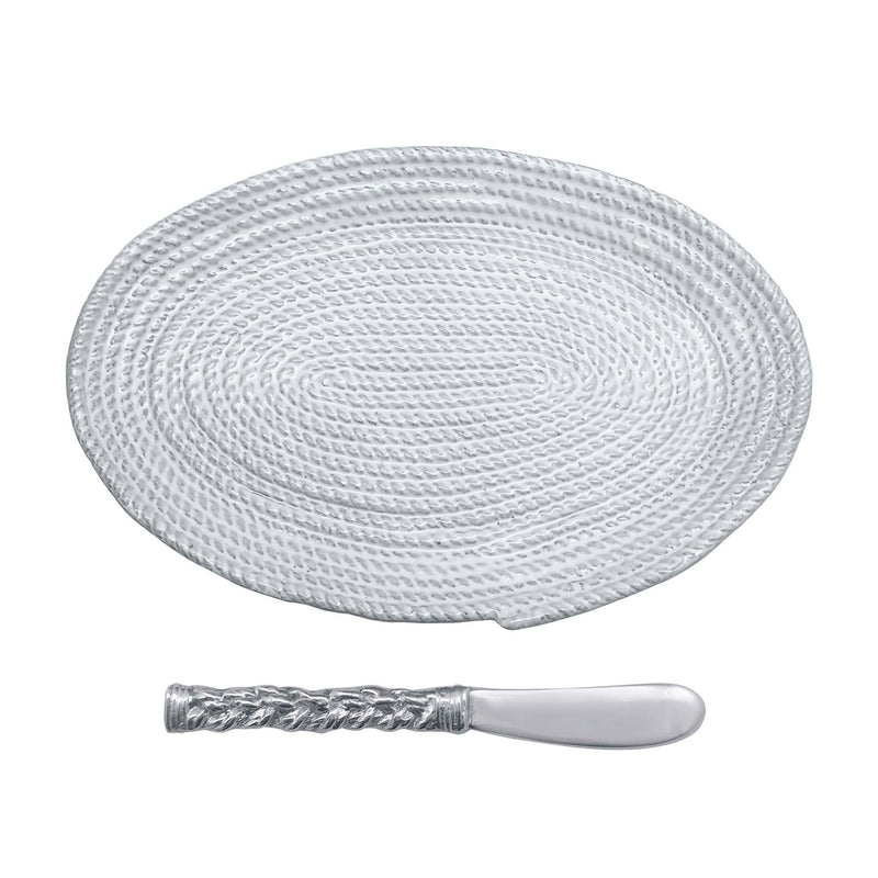 Rope-textured white ceramic oval serving plate with rope-handled spreader
