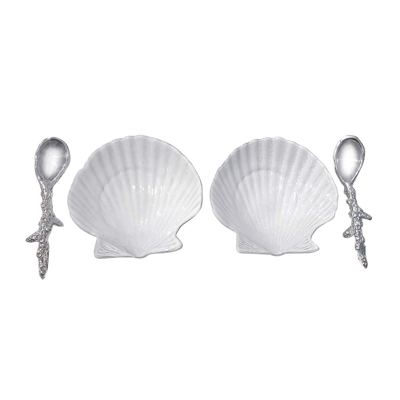 Mariposa ceramic scallop shell dish and spoon set, with two white shell trays