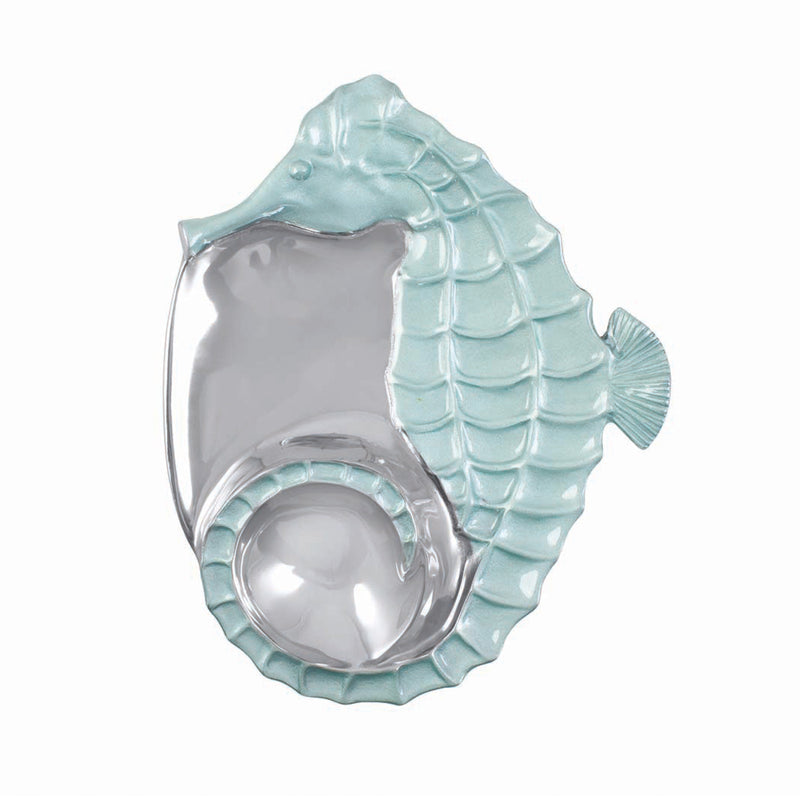 Aqua enamel seahorse sectional server with round serving bowl and raised scales
