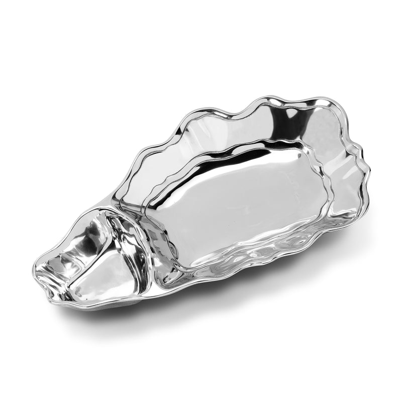 Sea Life oyster-shell chip and dip server, polished silver-toned metal tray