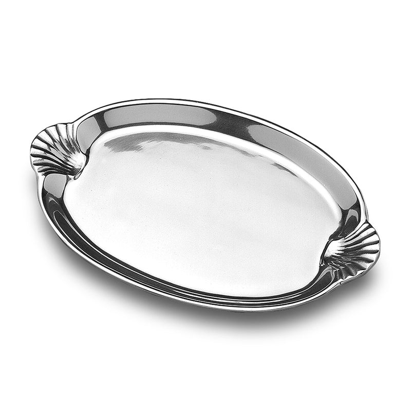 Wilton Armetale oval metal serving tray with scallop shell handles, polished silver finish