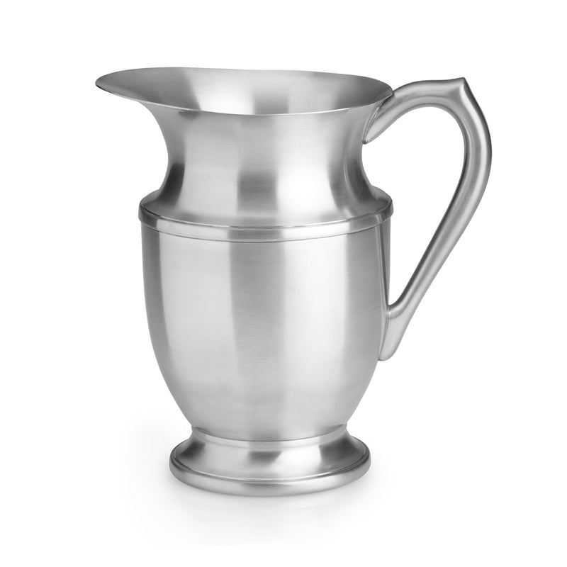 Pewter beverage pitcher with curved handle and wide pouring spout