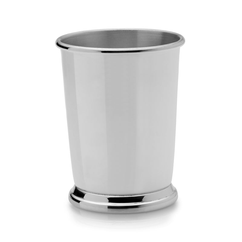 Pewter mint julep cup, smooth silver cylinder with polished rim and base band