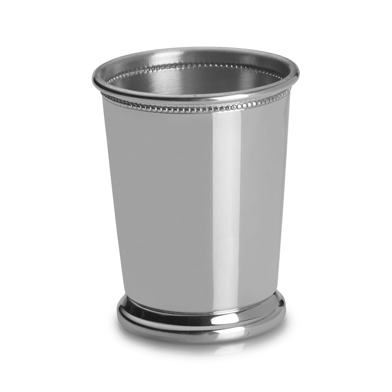 Silver-toned mint julep cup with beaded rim and polished base band