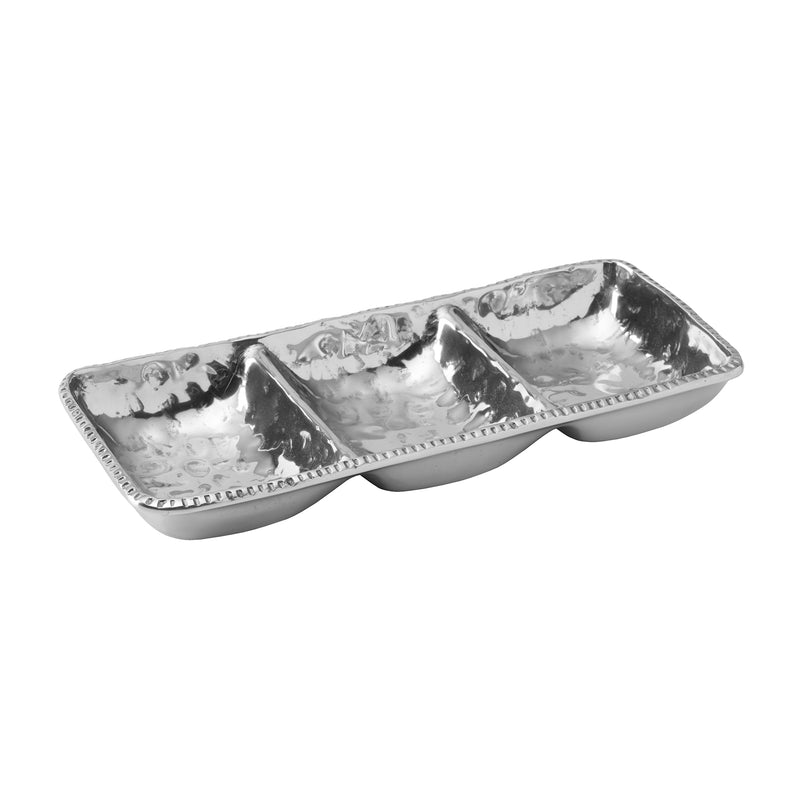 Rectangular sectional serving tray with three silver compartments and scalloped rims.