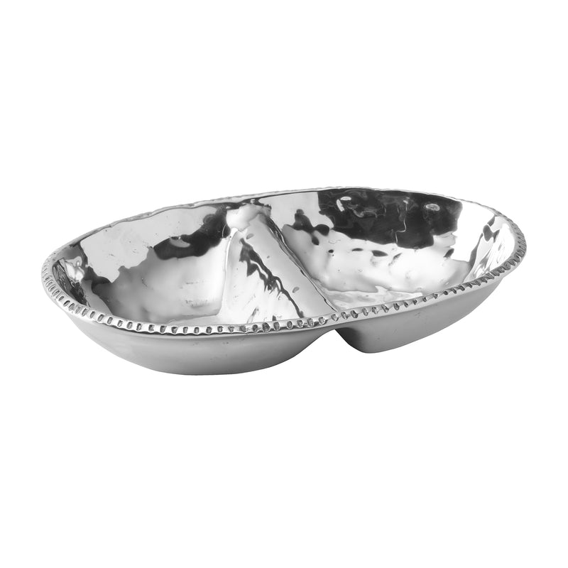Wilton Armetale divided oval dish, silver-tone with two serving compartments.