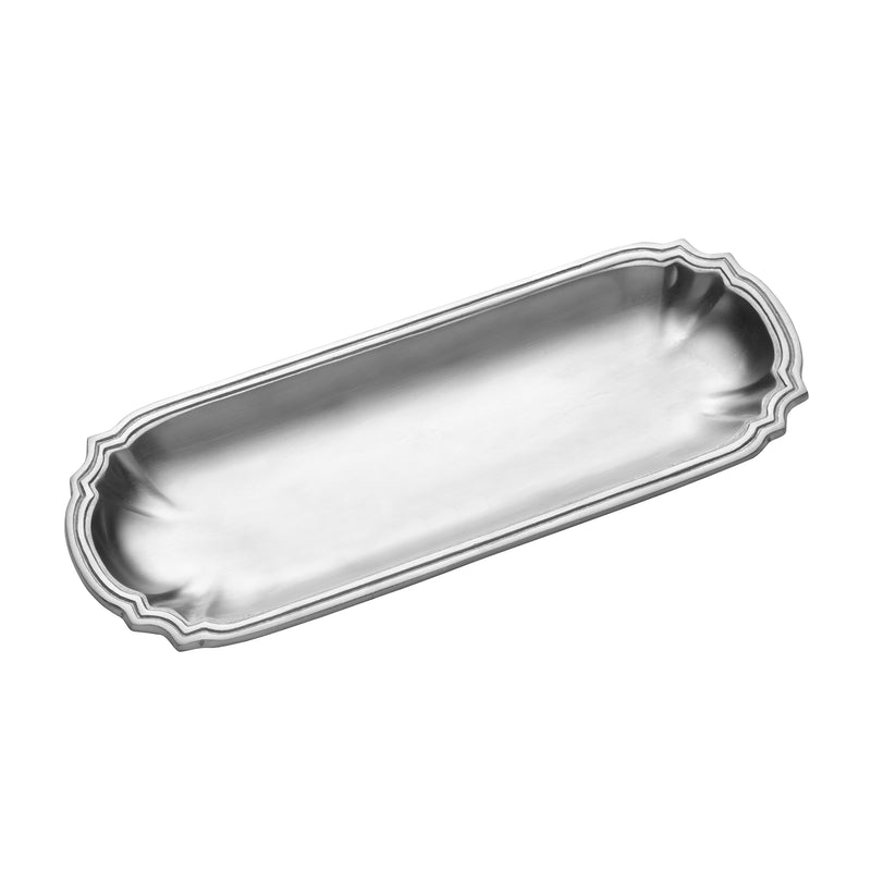 Long narrow silver metal tray with scalloped rim and raised border