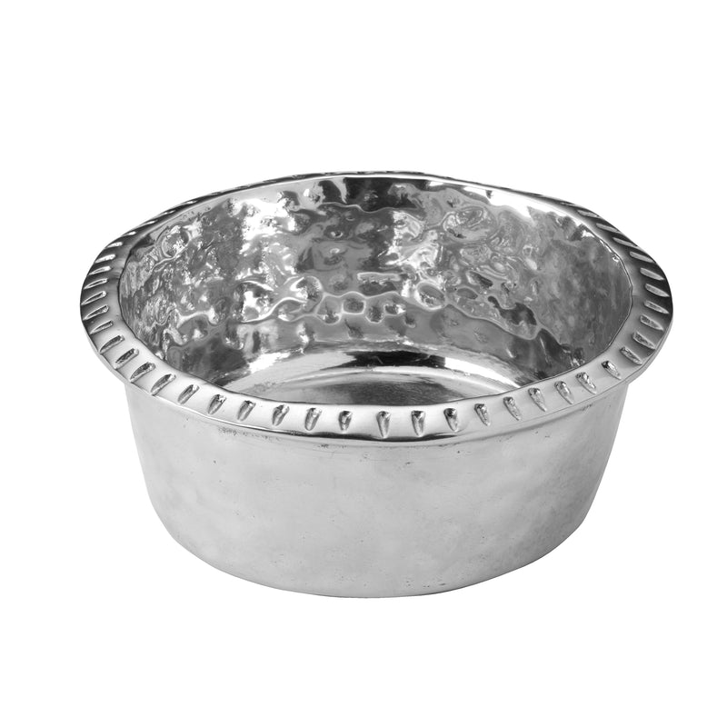 Round hammered metal wine bottle coaster with scalloped rim, polished silver.