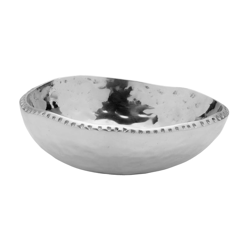 Silver metal candy holder bowl with hammered texture and beaded rim