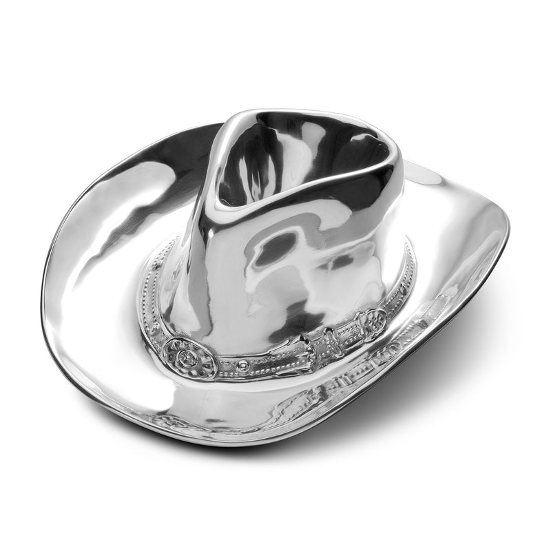 Wilton Armetale cowboy hat chip and dip tray, shiny silver metal with decorative band
