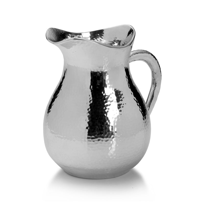Towle Hammersmith hammered stainless steel pitcher with curved handle and spout, polished silver