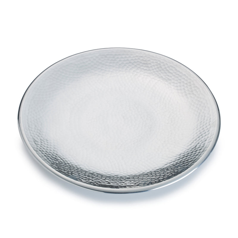 Towle Hammersmith round platter with hammered silver-tone finish and raised rim