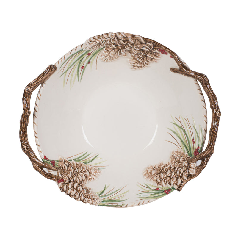 Fitz and Floyd Forest Frost centerpiece serving bowl, white with pinecone and pine branch pattern