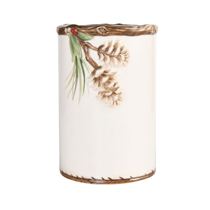 Ceramic utensil holder, white with brown pinecone and berries relief detail