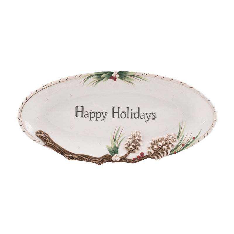 Large oval serving tray, white with rope rim, “Happy Holidays” and pine sprigs