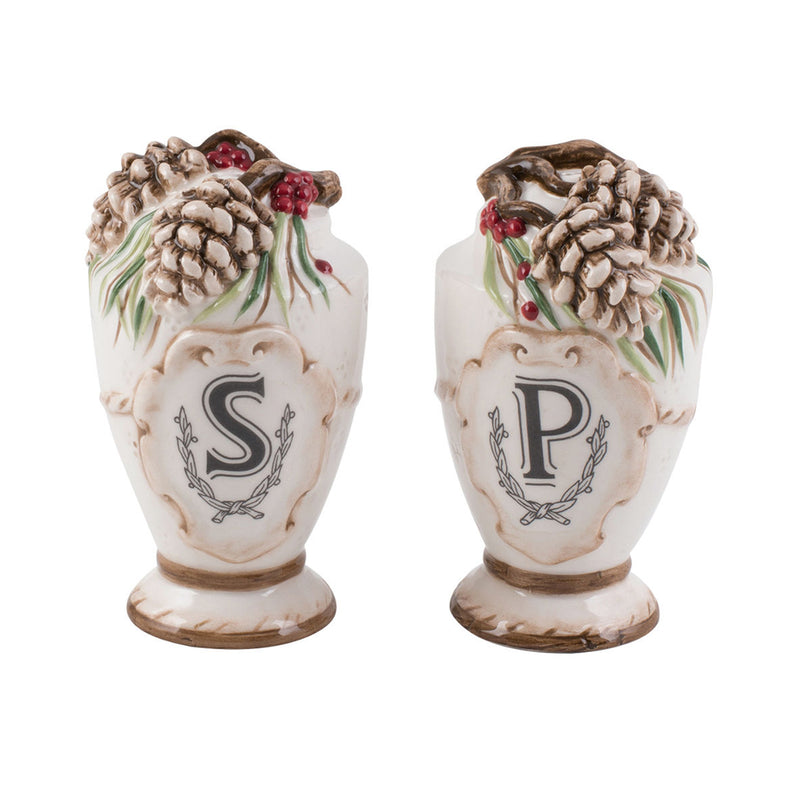 Fitz and Floyd Forest Frost salt & pepper shakers, S and P, pinecones and red berries